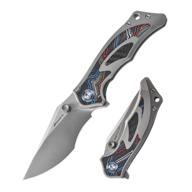 PioneerEDC Luxury Damascus G10 Patten Titanium Pocket Knife Hand Forged Finish Blade Titanium Tactical Knife for Camping