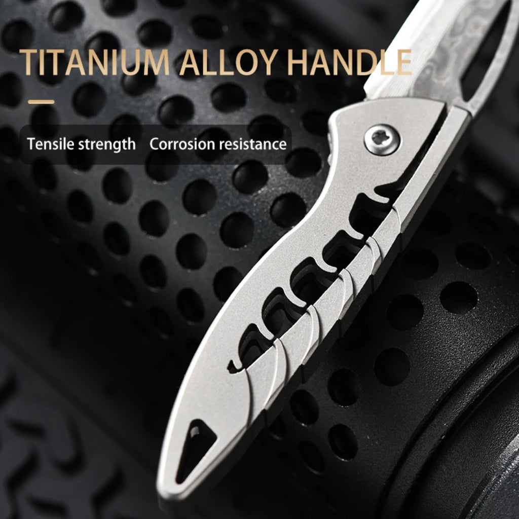 PioneerEDC Damascus Blade Knife Titanium Folding Knife Outdoor Portable Mini EDC Pocket Knife for Outdoor Activities