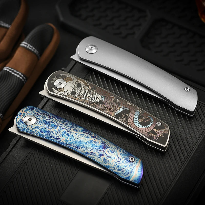 PioneerEDC Titanium Handle Knife M390 Blade Pocket Knife Folding Utility Camping Knife Portable Tactical Survival Outdoor Tool