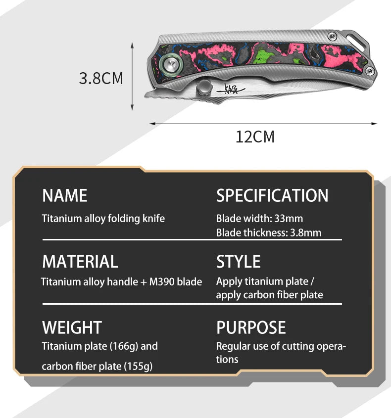 PioneerEDC M390 & Gr5 Titanium Damascus Knife Multi-Functional Outdoor Survival Knife Portable Knife for Camping Activities