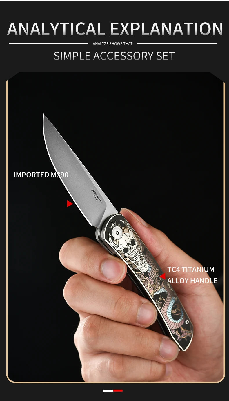 PioneerEDC Titanium Handle Knife M390 Blade Pocket Knife Folding Utility Camping Knife Portable Tactical Survival Outdoor Tool