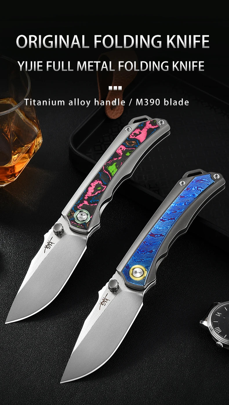 PioneerEDC M390 & Gr5 Titanium Damascus Knife Multi-Functional Outdoor Survival Knife Portable Knife for Camping Activities
