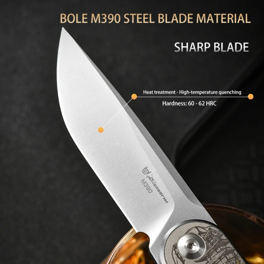 PioneerEDC Custom OEM Industrial Grade Gr5 Titanium EDC Folding Knife M390 Blade High Hardness Portable Tactical Camping Tool