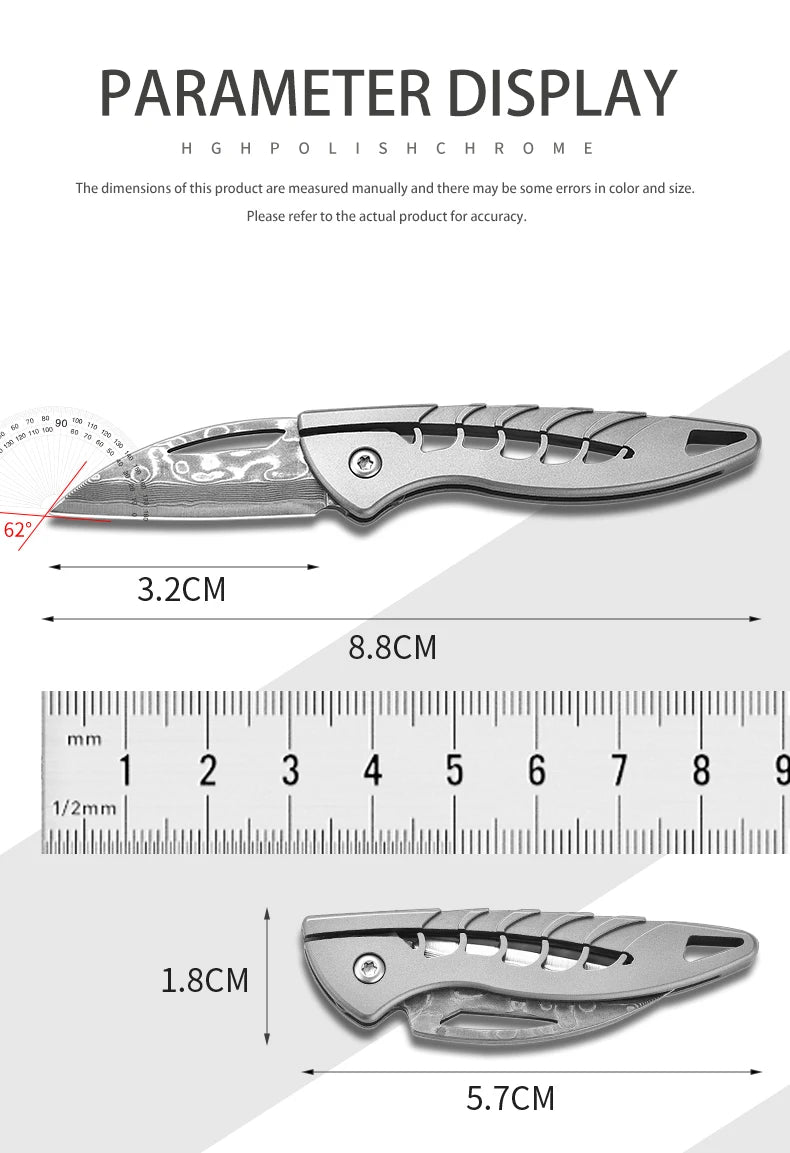 PioneerEDC Damascus Blade Knife Titanium Folding Knife Outdoor Portable Mini EDC Pocket Knife for Outdoor Activities