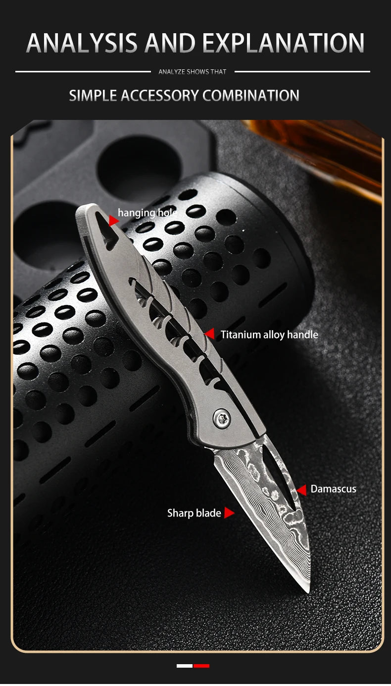 PioneerEDC Damascus Blade Knife Titanium Folding Knife Outdoor Portable Mini EDC Pocket Knife for Outdoor Activities