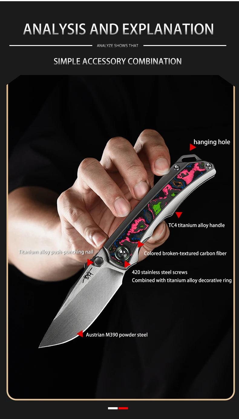 PioneerEDC M390 & Gr5 Titanium Damascus Knife Multi-Functional Outdoor Survival Knife Portable Knife for Camping Activities