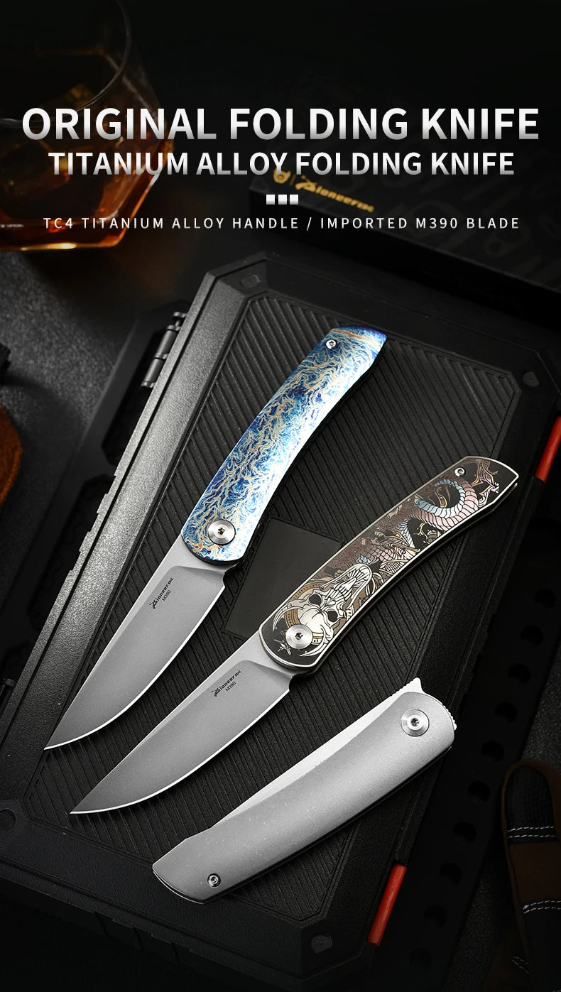 PioneerEDC Titanium Handle Knife M390 Blade Pocket Knife Folding Utility Camping Knife Portable Tactical Survival Outdoor Tool