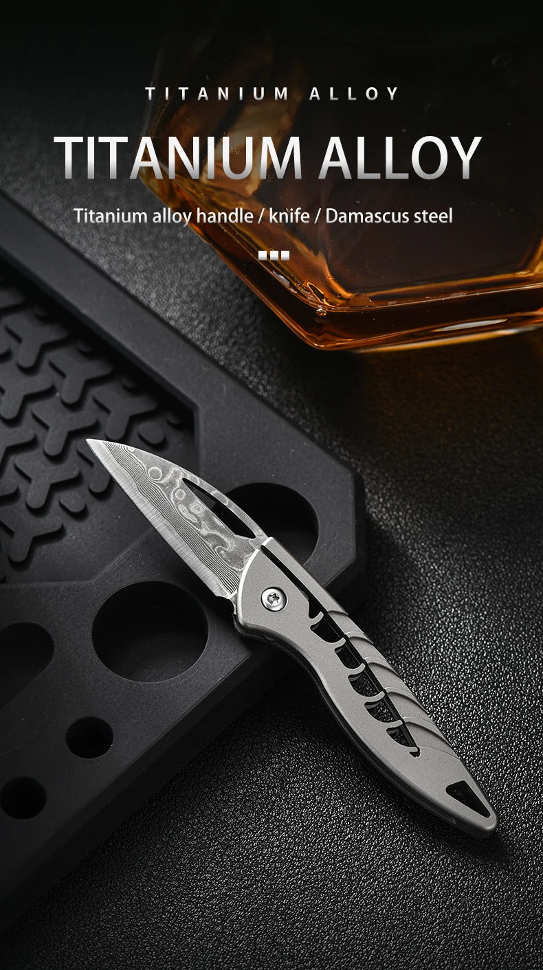 PioneerEDC Damascus Blade Knife Titanium Folding Knife Outdoor Portable Mini EDC Pocket Knife for Outdoor Activities