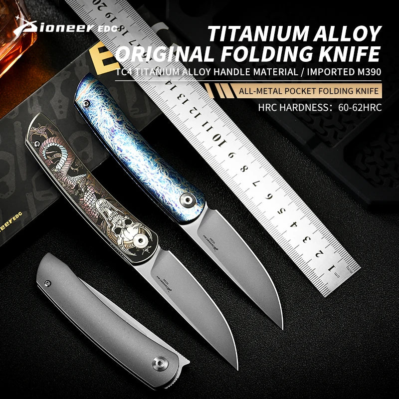 PioneerEDC Titanium Handle Knife M390 Blade Pocket Knife Folding Utility Camping Knife Portable Tactical Survival Outdoor Tool