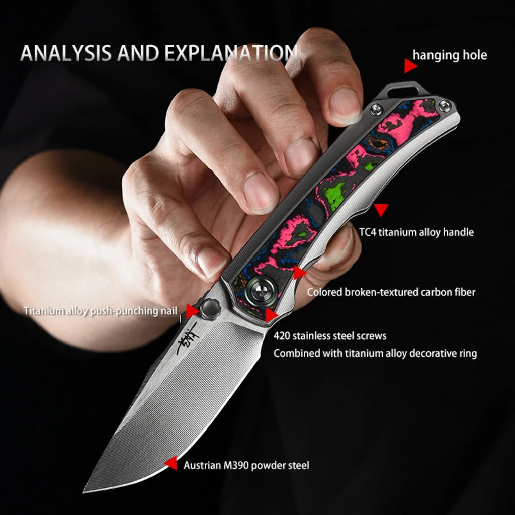 PioneerEDC M390 & Gr5 Titanium Damascus Knife Multi-Functional Outdoor Survival Knife Portable Knife for Camping Activities