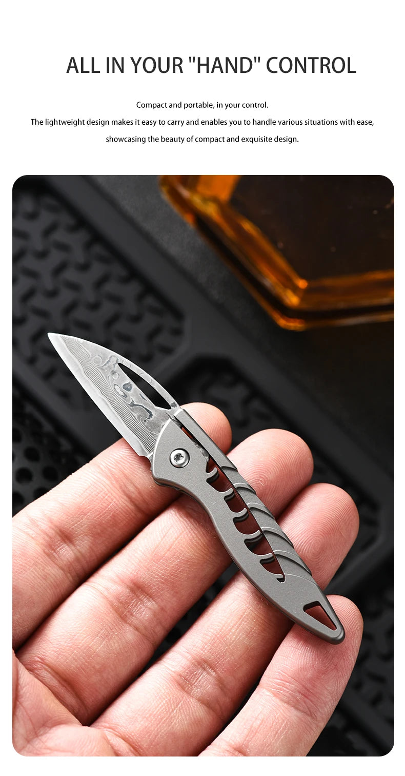 PioneerEDC Damascus Blade Knife Titanium Folding Knife Outdoor Portable Mini EDC Pocket Knife for Outdoor Activities