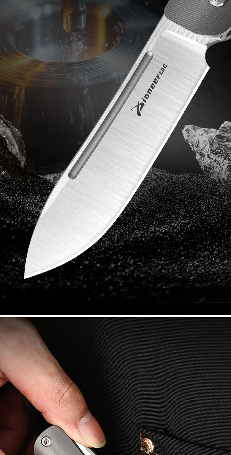 PioneerEDC 14C28N Steel Blade Grade 5 Titanium Folding Knife Sandblasted Color Value EDC Camping Tactical Knife
