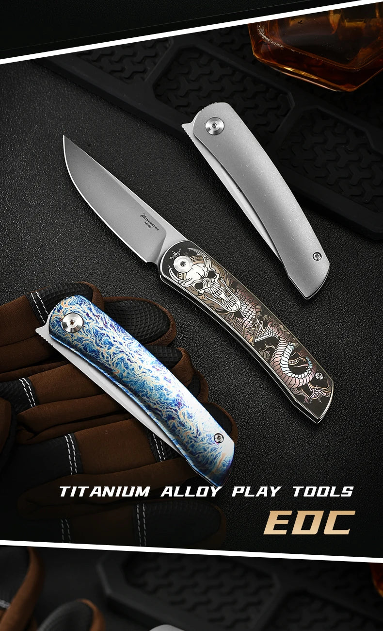 PioneerEDC Titanium Handle Knife M390 Blade Pocket Knife Folding Utility Camping Knife Portable Tactical Survival Outdoor Tool