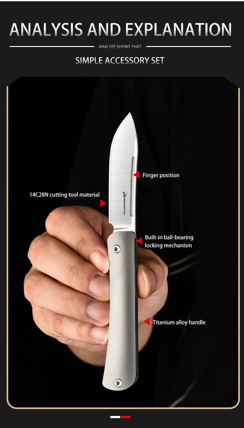 PioneerEDC 14C28N Steel Blade Grade 5 Titanium Folding Knife Sandblasted Color Value EDC Camping Tactical Knife