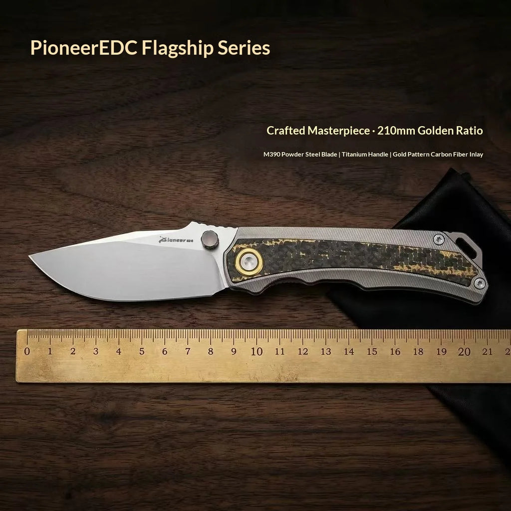 PioneerEDC M390 Titanium Alloy Inlaid Carbon Fiber DIY Outdoor Portable Folding Knife Non-changeable Blade Camping Self-defense