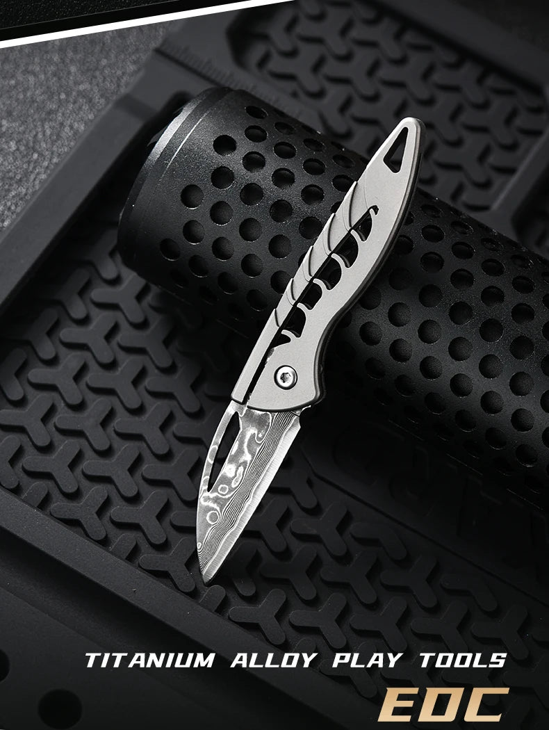 PioneerEDC Damascus Blade Knife Titanium Folding Knife Outdoor Portable Mini EDC Pocket Knife for Outdoor Activities