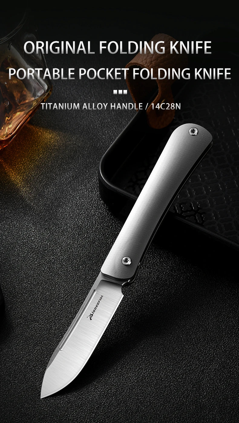 PioneerEDC 14C28N Steel Blade Grade 5 Titanium Folding Knife Sandblasted Color Value EDC Camping Tactical Knife