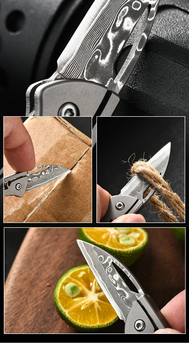 PioneerEDC Damascus Blade Knife Titanium Folding Knife Outdoor Portable Mini EDC Pocket Knife for Outdoor Activities