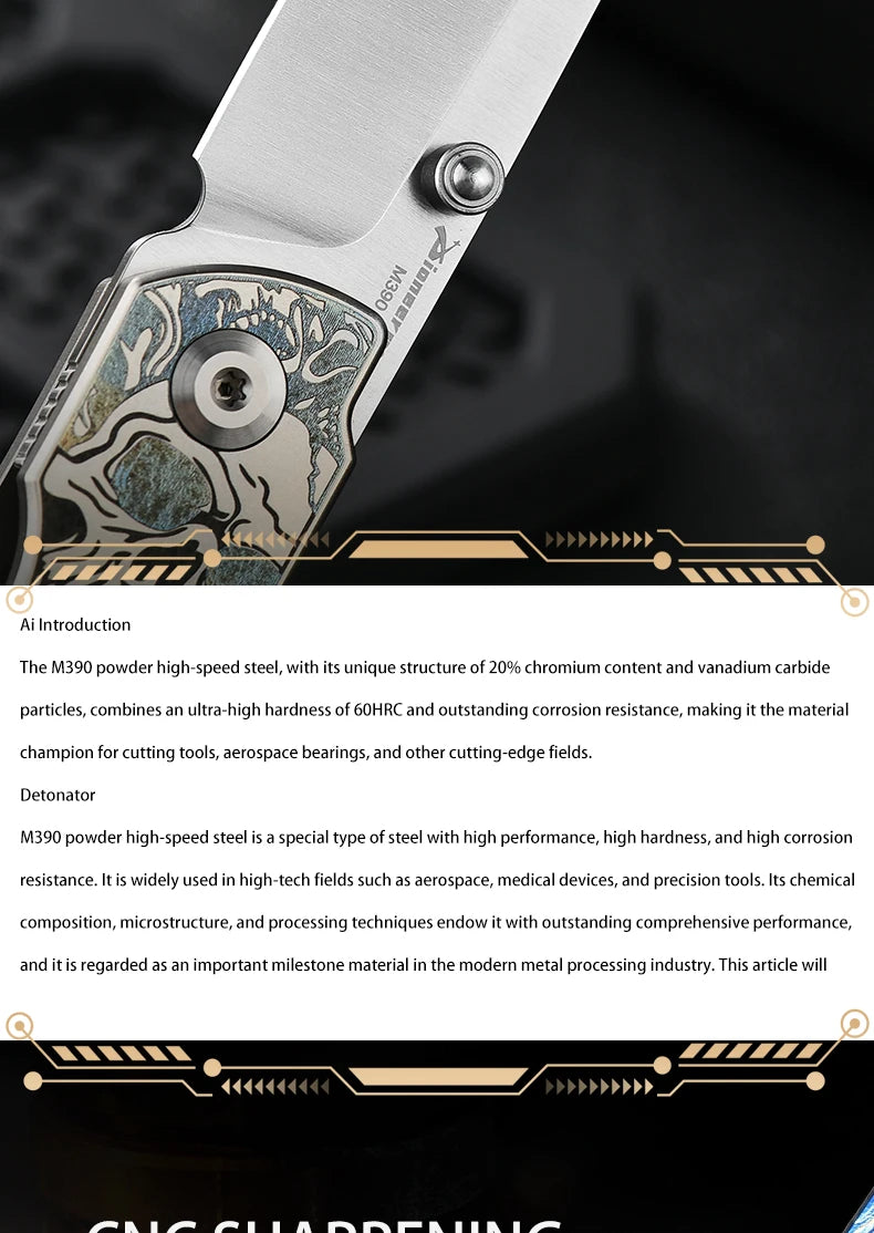 PioneerEDC Gr5 & M390 Titanium Alloy EDC Knife High Hardness Portable Tactical Multifunctional Knife for Survival Outdoor Use