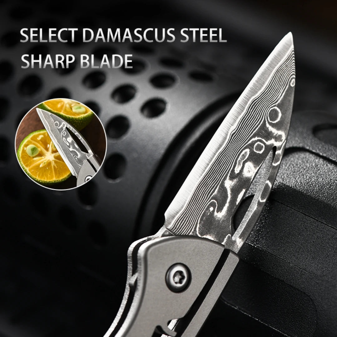 PioneerEDC Damascus Blade Knife Titanium Folding Knife Outdoor Portable Mini EDC Pocket Knife for Outdoor Activities