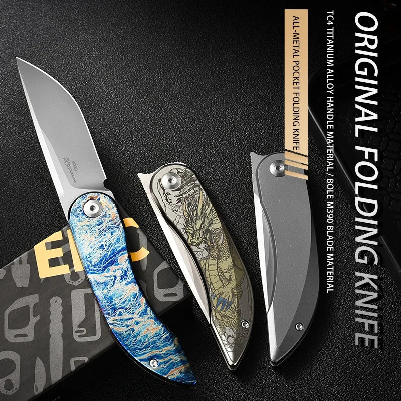 PioneerEDC Custom OEM Industrial Grade Gr5 Titanium EDC Folding Knife M390 Blade High Hardness Portable Tactical Camping Tool
