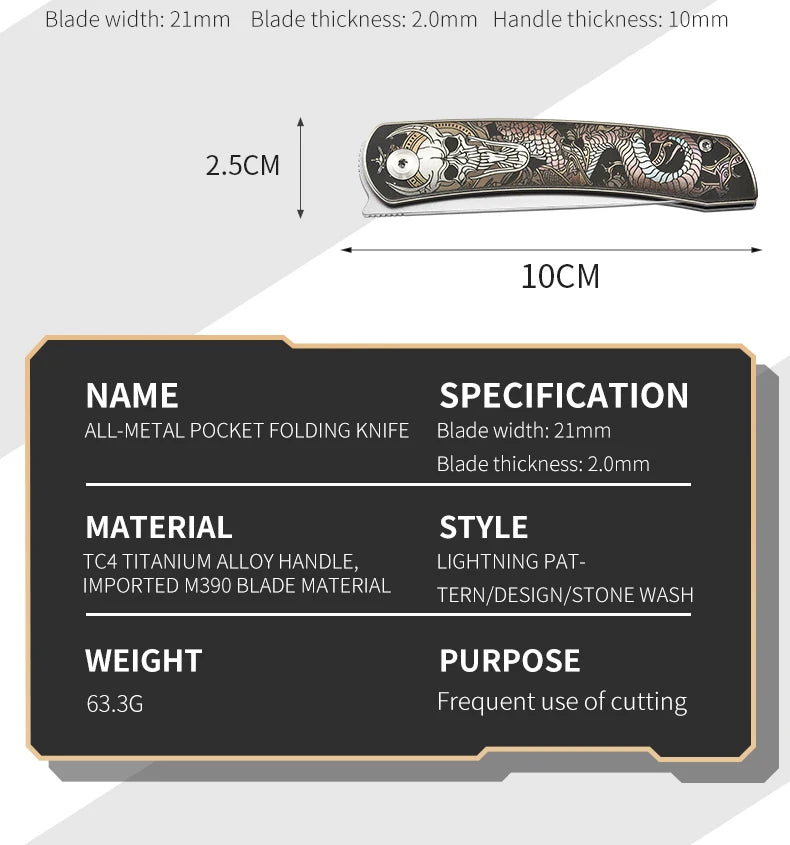 PioneerEDC Titanium Handle Knife M390 Blade Pocket Knife Folding Utility Camping Knife Portable Tactical Survival Outdoor Tool