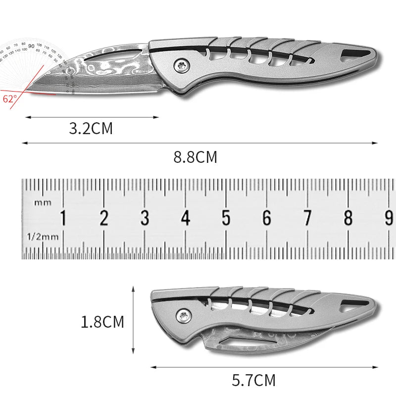PioneerEDC Damascus Blade Knife Titanium Folding Knife Outdoor Portable Mini EDC Pocket Knife for Outdoor Activities