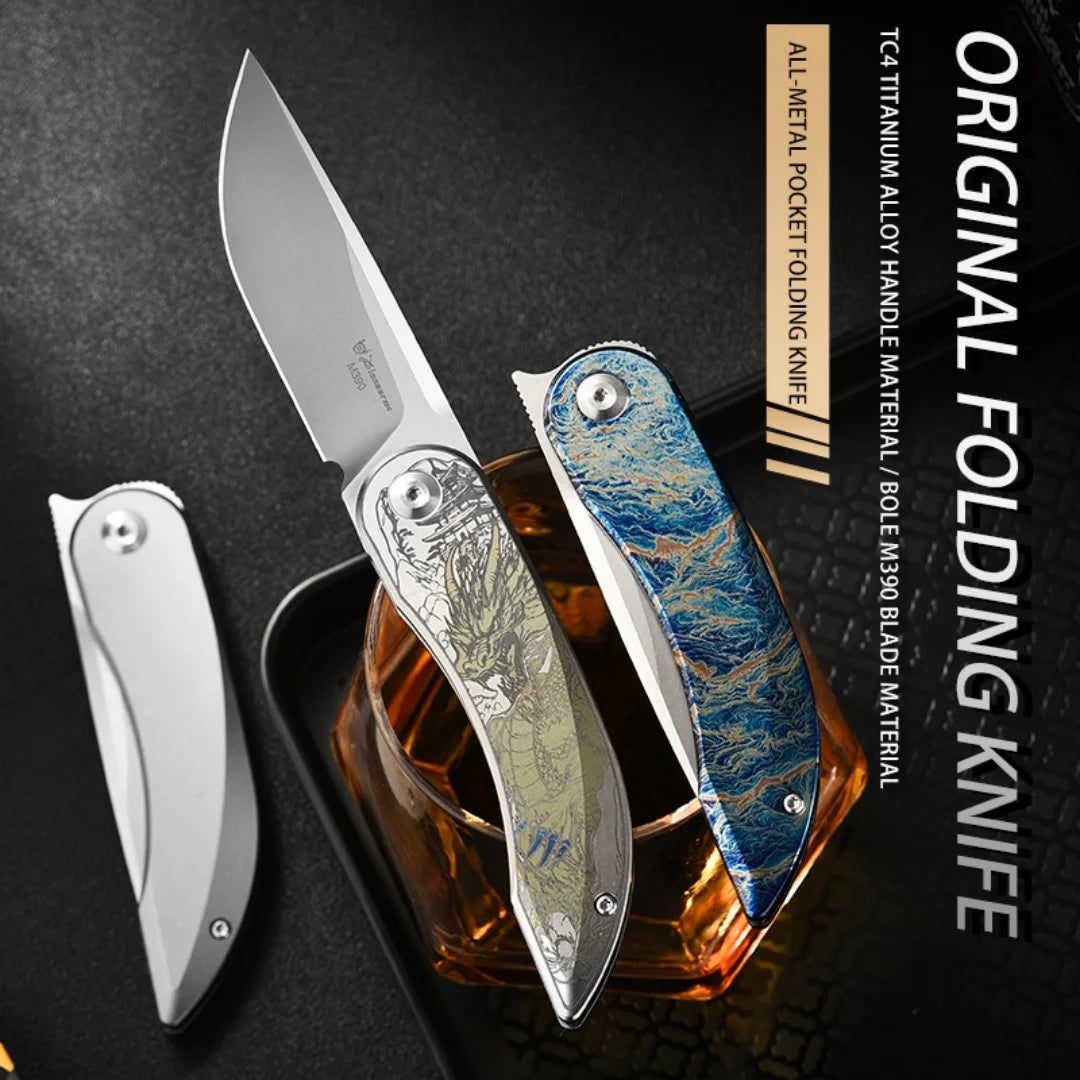 PioneerEDC Custom OEM Industrial Grade Gr5 Titanium EDC Folding Knife M390 Blade High Hardness Portable Tactical Camping Tool