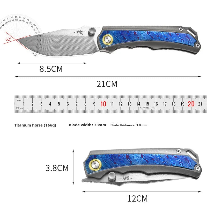 PioneerEDC M390 & Gr5 Titanium Damascus Knife Multi-Functional Outdoor Survival Knife Portable Knife for Camping Activities