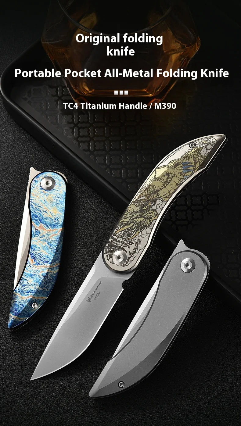 PioneerEDC Custom OEM Industrial Grade Gr5 Titanium EDC Folding Knife M390 Blade High Hardness Portable Tactical Camping Tool