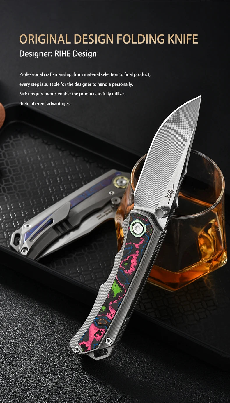 PioneerEDC M390 & Gr5 Titanium Damascus Knife Multi-Functional Outdoor Survival Knife Portable Knife for Camping Activities