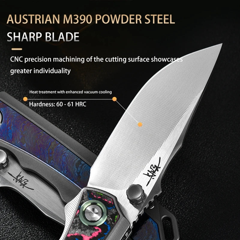 PioneerEDC M390 & Gr5 Titanium Damascus Knife Multi-Functional Outdoor Survival Knife Portable Knife for Camping Activities