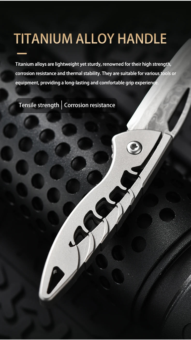 PioneerEDC Damascus Blade Knife Titanium Folding Knife Outdoor Portable Mini EDC Pocket Knife for Outdoor Activities