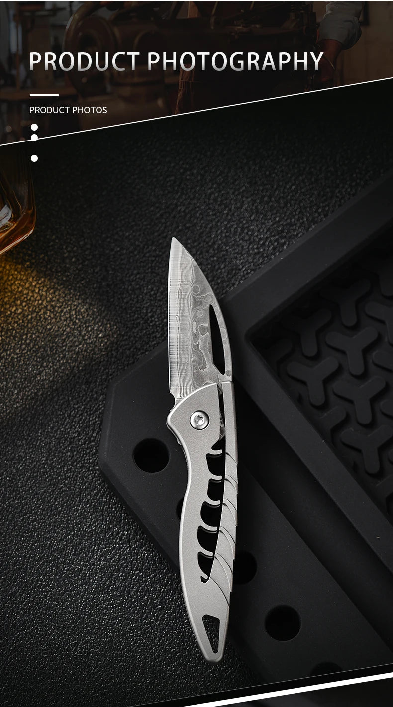 PioneerEDC Damascus Blade Knife Titanium Folding Knife Outdoor Portable Mini EDC Pocket Knife for Outdoor Activities