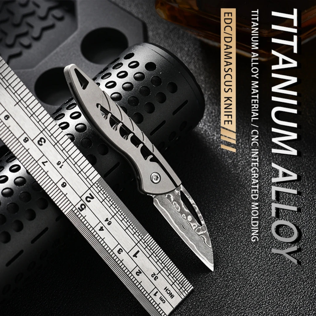 PioneerEDC Damascus Blade Knife Titanium Folding Knife Outdoor Portable Mini EDC Pocket Knife for Outdoor Activities