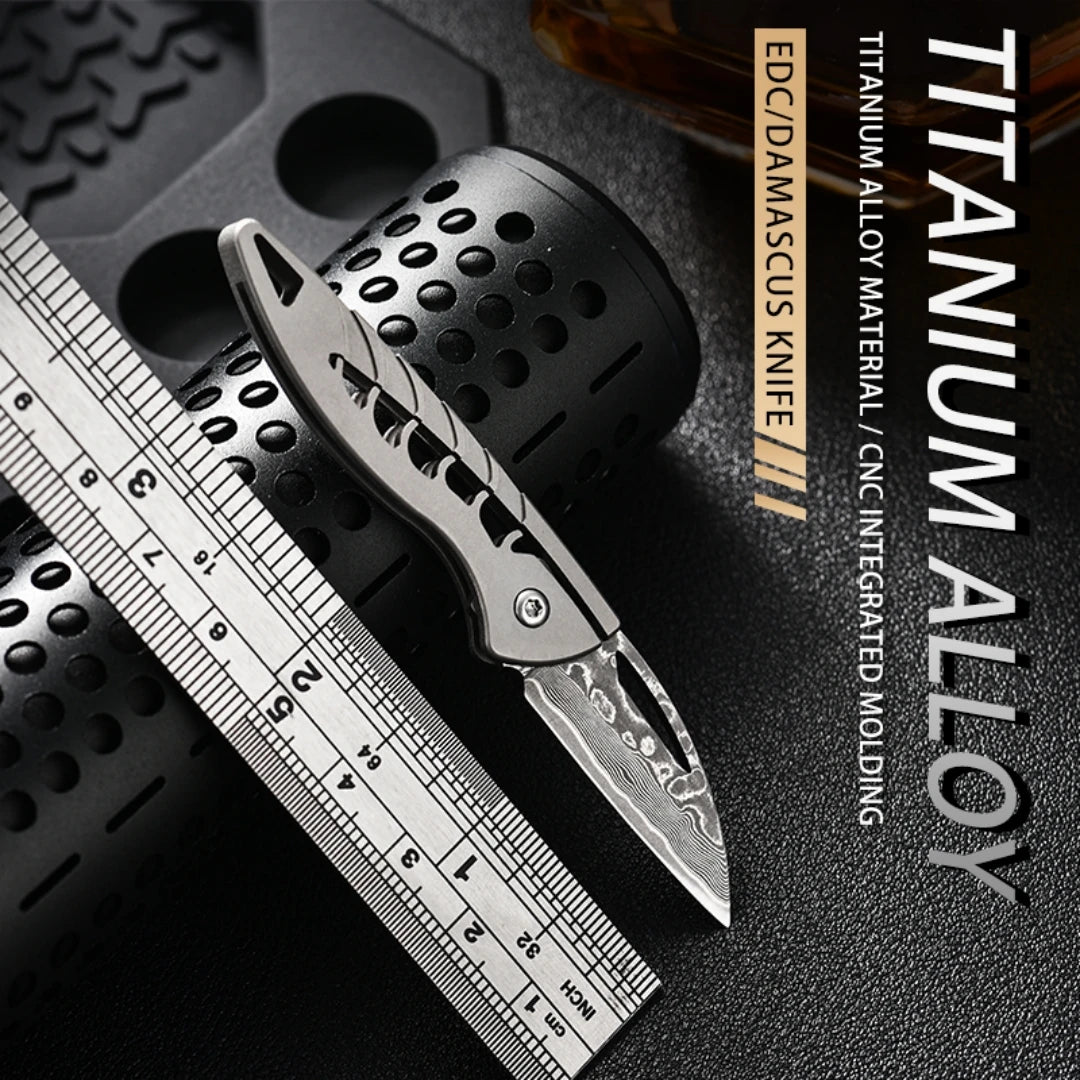 PioneerEDC Damascus Blade Knife Titanium Folding Knife Outdoor Portable Mini EDC Pocket Knife for Outdoor Activities