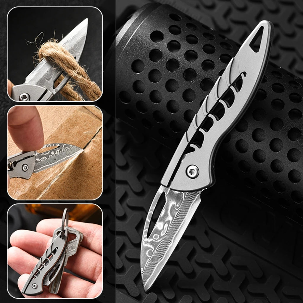PioneerEDC Damascus Blade Knife Titanium Folding Knife Outdoor Portable Mini EDC Pocket Knife for Outdoor Activities