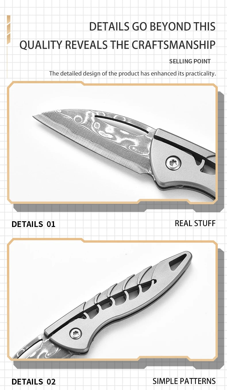 PioneerEDC Damascus Blade Knife Titanium Folding Knife Outdoor Portable Mini EDC Pocket Knife for Outdoor Activities