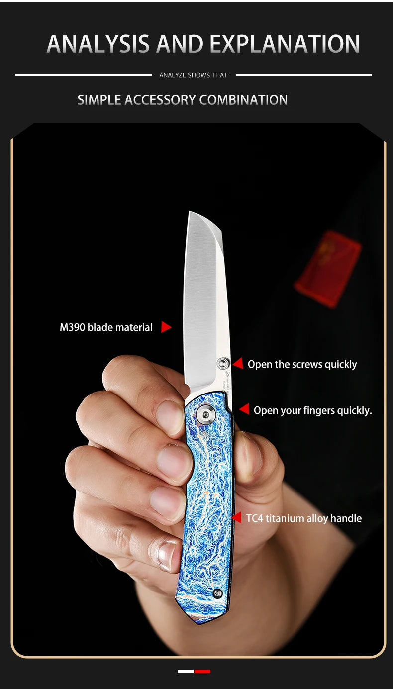 PioneerEDC Gr5 & M390 Titanium Alloy EDC Knife High Hardness Portable Tactical Multifunctional Knife for Survival Outdoor Use