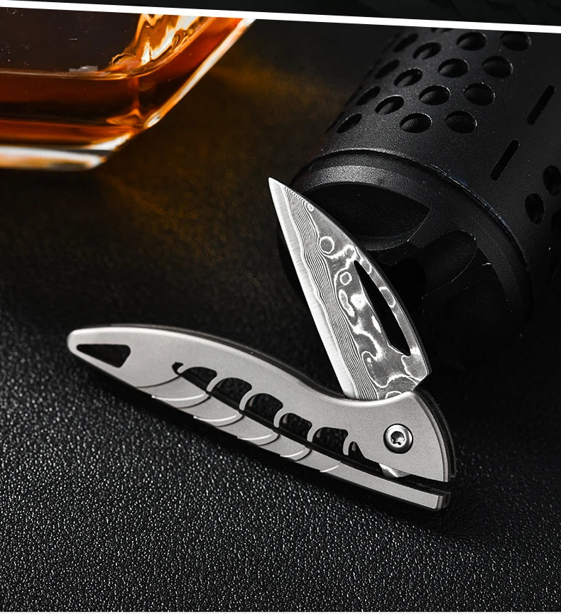 PioneerEDC Damascus Blade Knife Titanium Folding Knife Outdoor Portable Mini EDC Pocket Knife for Outdoor Activities