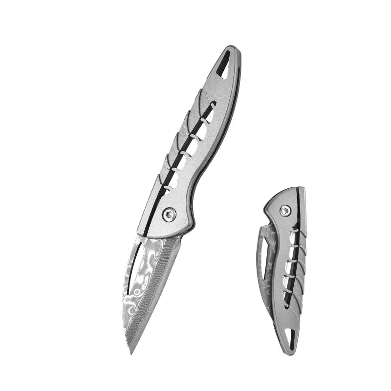 PioneerEDC Damascus Blade Knife Titanium Folding Knife Outdoor Portable Mini EDC Pocket Knife for Outdoor Activities