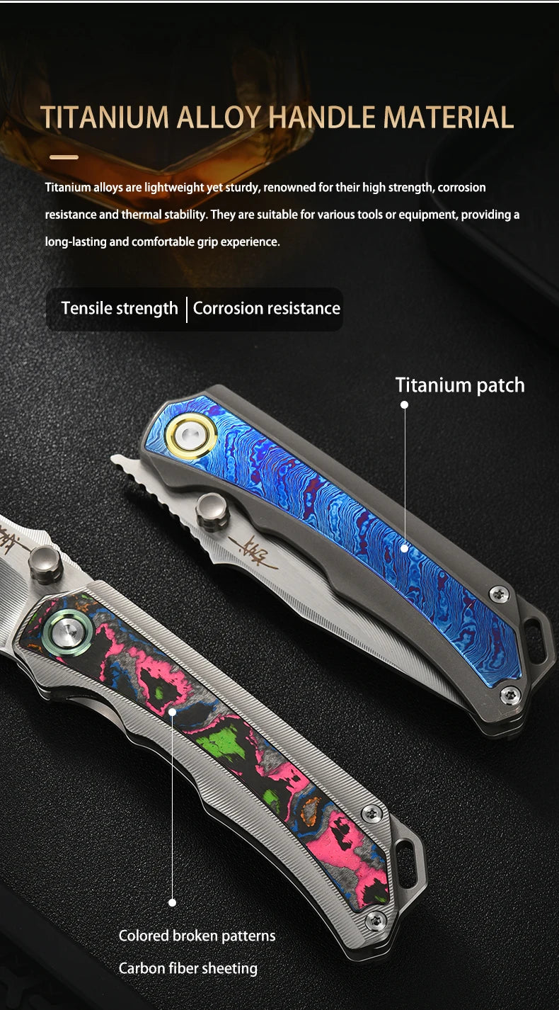 PioneerEDC M390 & Gr5 Titanium Damascus Knife Multi-Functional Outdoor Survival Knife Portable Knife for Camping Activities